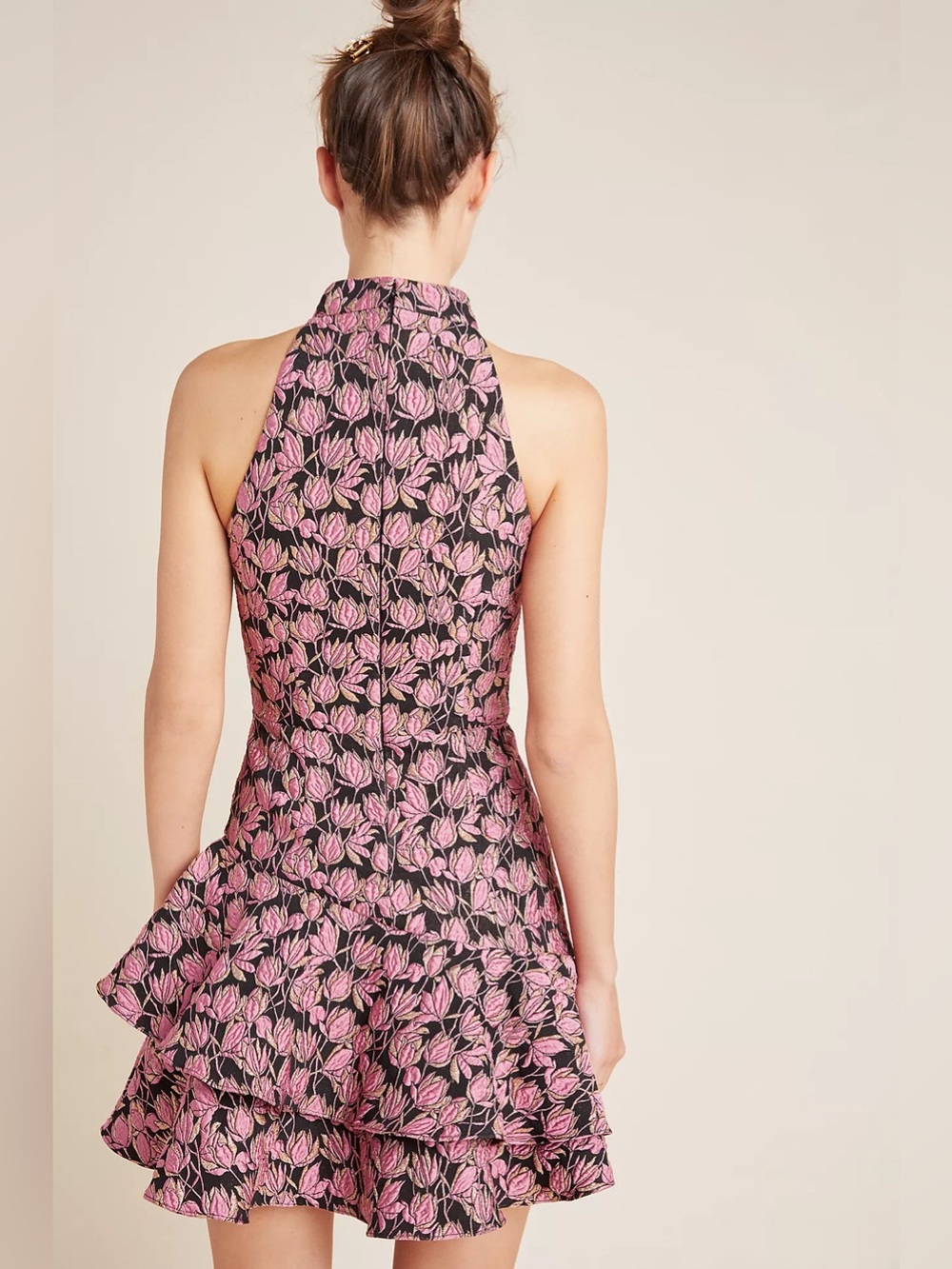 NWT ML Monique Lhullier Brocade Ruffled Mini Dress Size 8 Petite Pink Gold - Picture 2 of 4